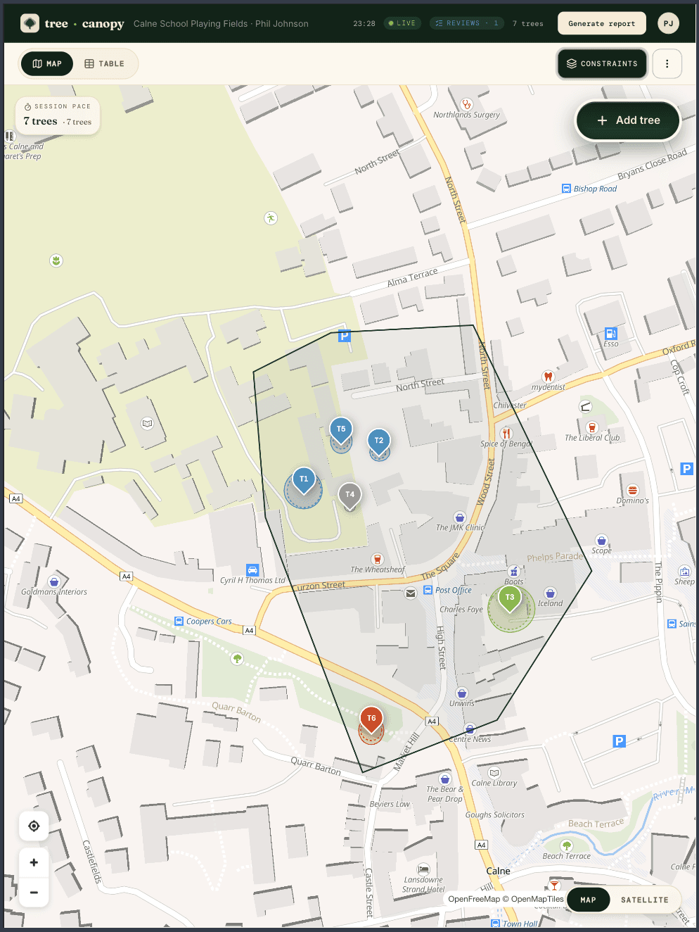 tree·canopy app on iPad showing a tree survey at Calne School Playing Fields with seven trees pinned, a site polygon, and category-coloured pins
