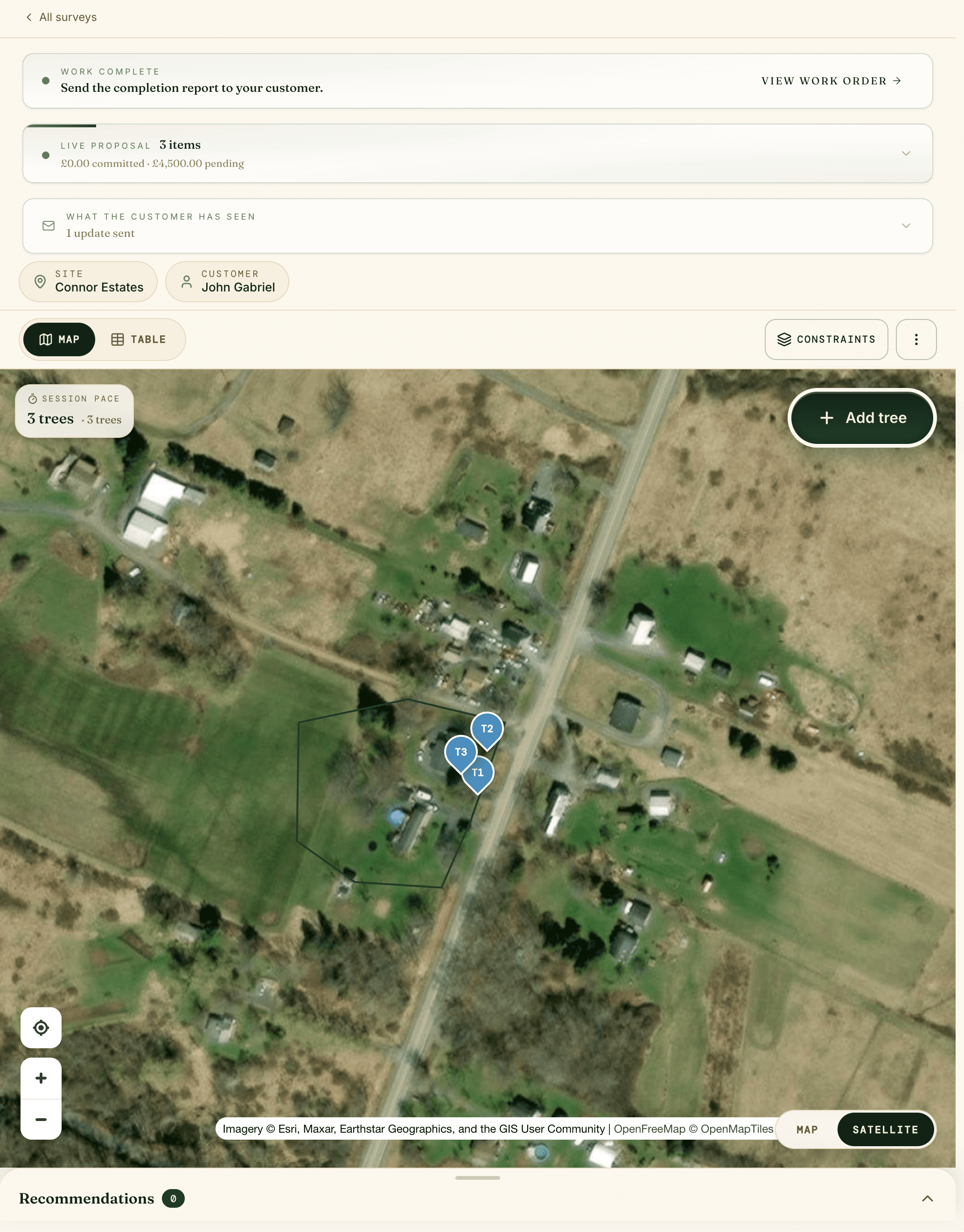 tree·canopy job status: a signed-off survey with a live proposal worth £4,500 pending, a 'send the completion report' prompt, a 'what the customer has seen' panel, and three trees pinned on the site map