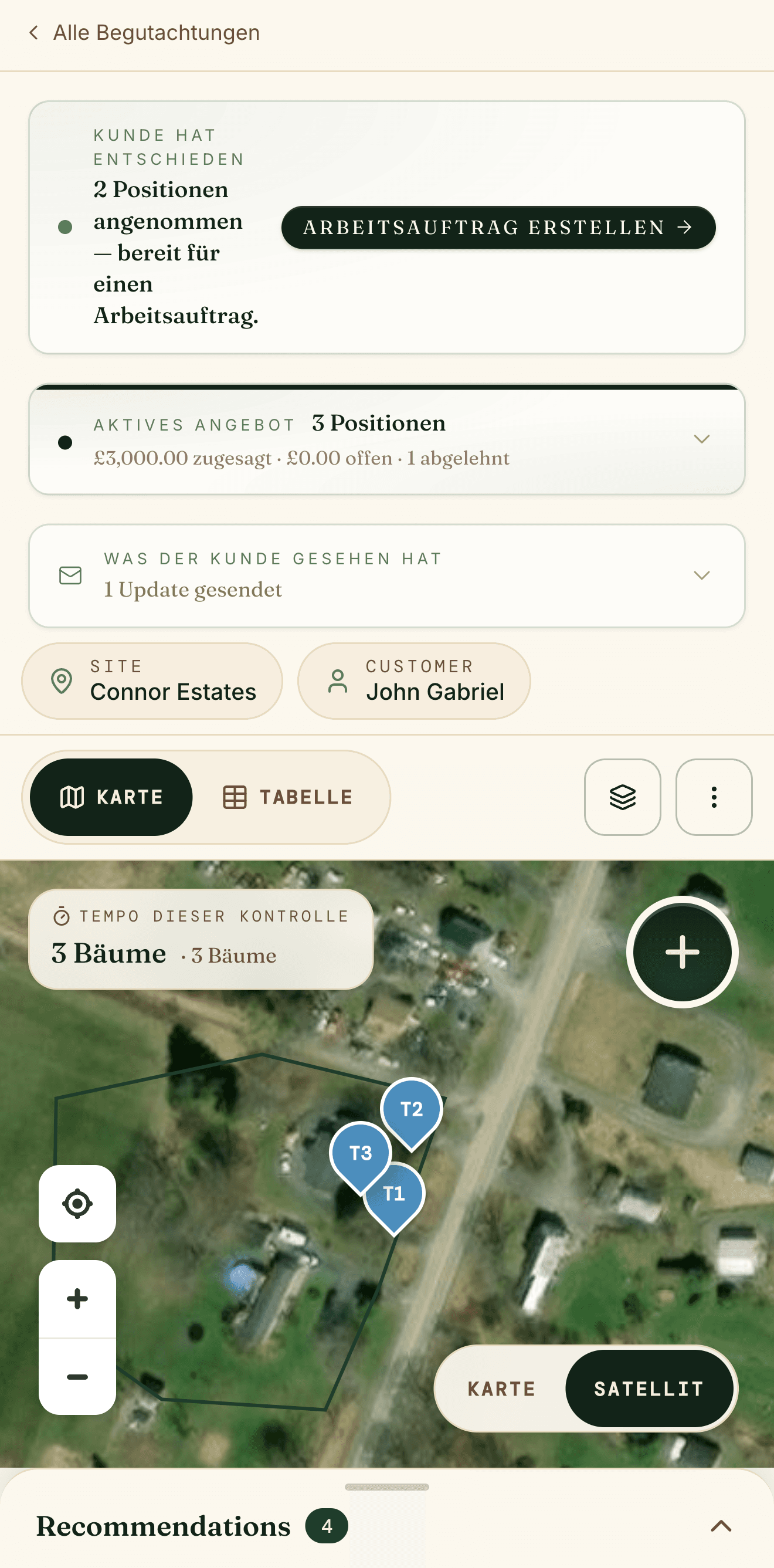 tree·canopy running in German on iPhone — 'Kunde hat entschieden', an 'Arbeitsauftrag erstellen' button, an 'Aktives Angebot' worth £3,000, and a site map with three trees pinned