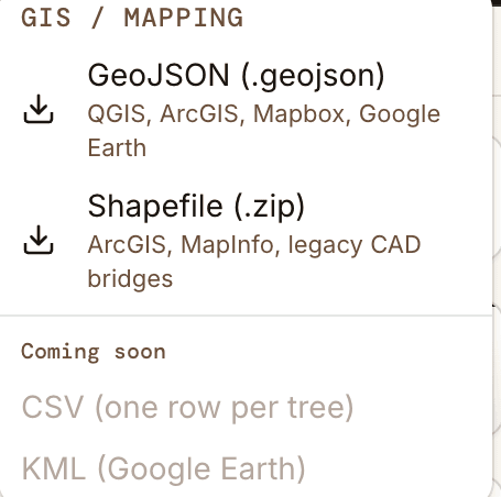 tree·canopy export menu: GeoJSON for QGIS, ArcGIS and Mapbox, and Shapefile for ArcGIS, MapInfo and CAD