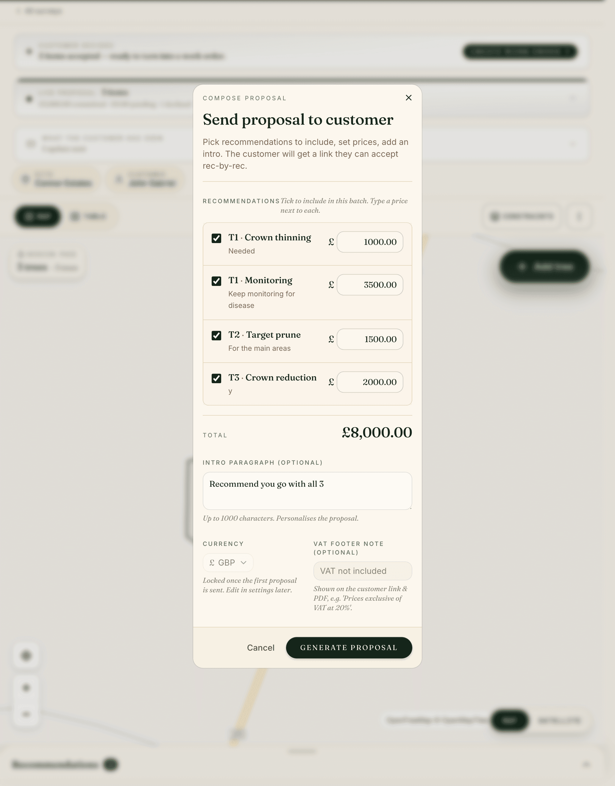 tree·canopy 'Send proposal to customer' composer: recommendations ticked and priced rec-by-rec (crown thinning, monitoring, target prune, crown reduction) totalling £8,000, with an intro note, currency, and VAT footer