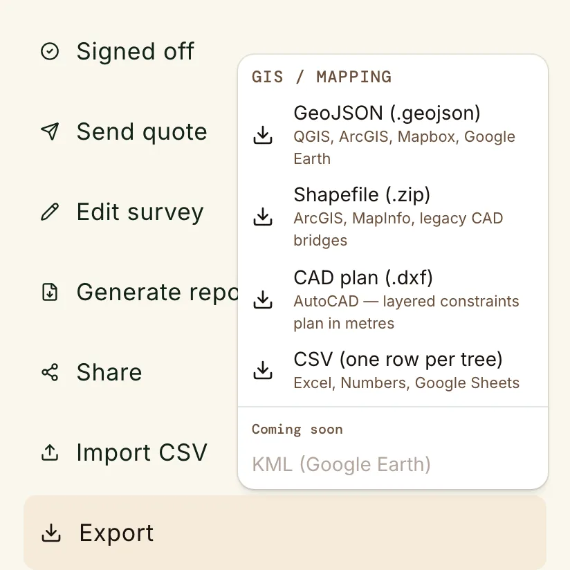 Export the survey for any GIS: GeoJSON or Shapefile.