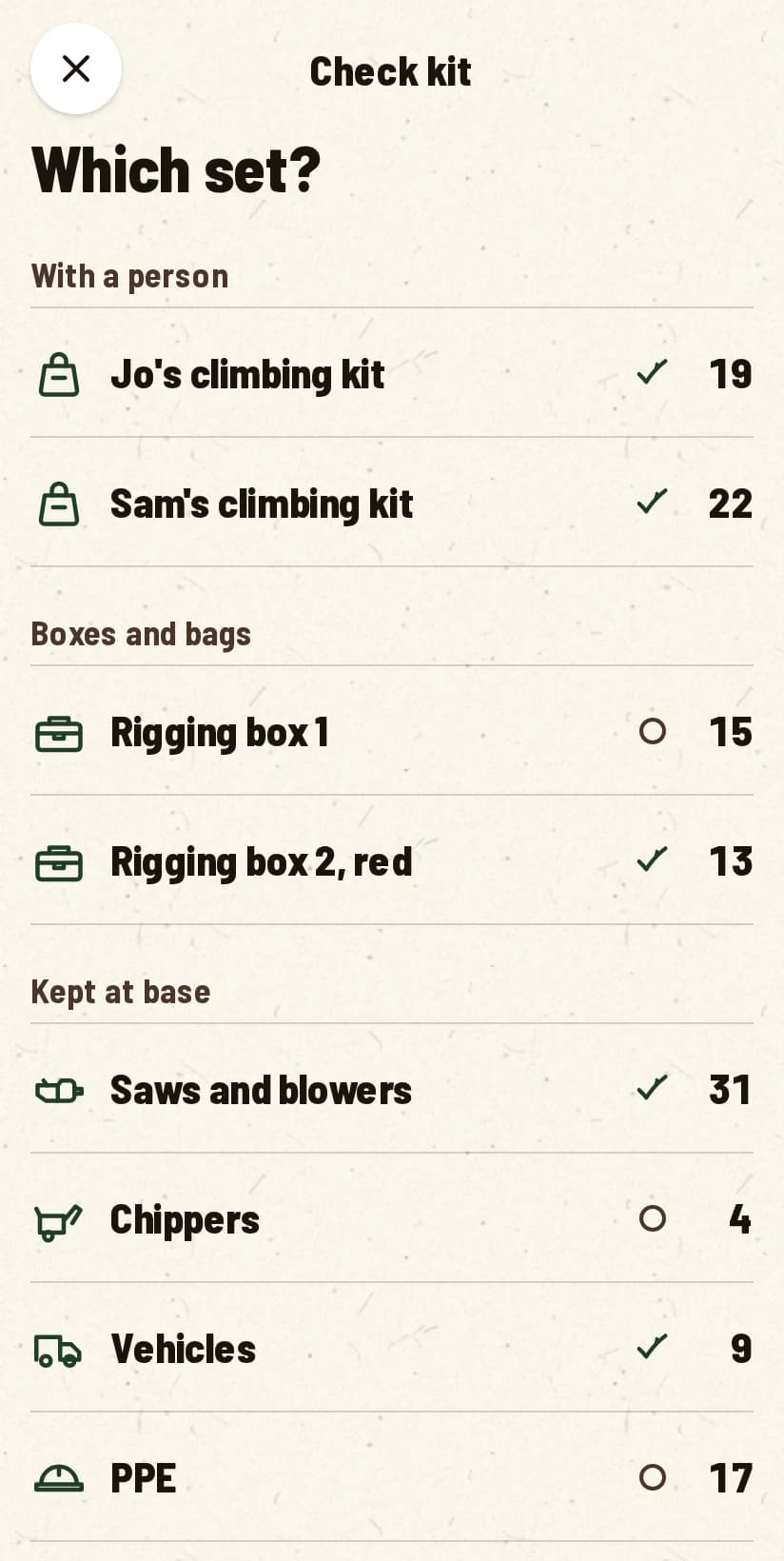 Die Liste der Ausrüstungssets zum Prüfen: Klettersets, Rigging-Kisten und Ausrüstung im Lager.